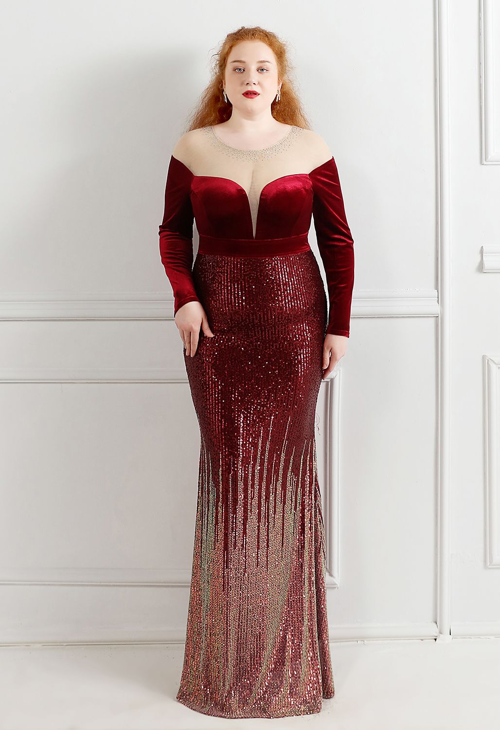 Ombre Sequins Velvet Spliced Gown in Burgundy