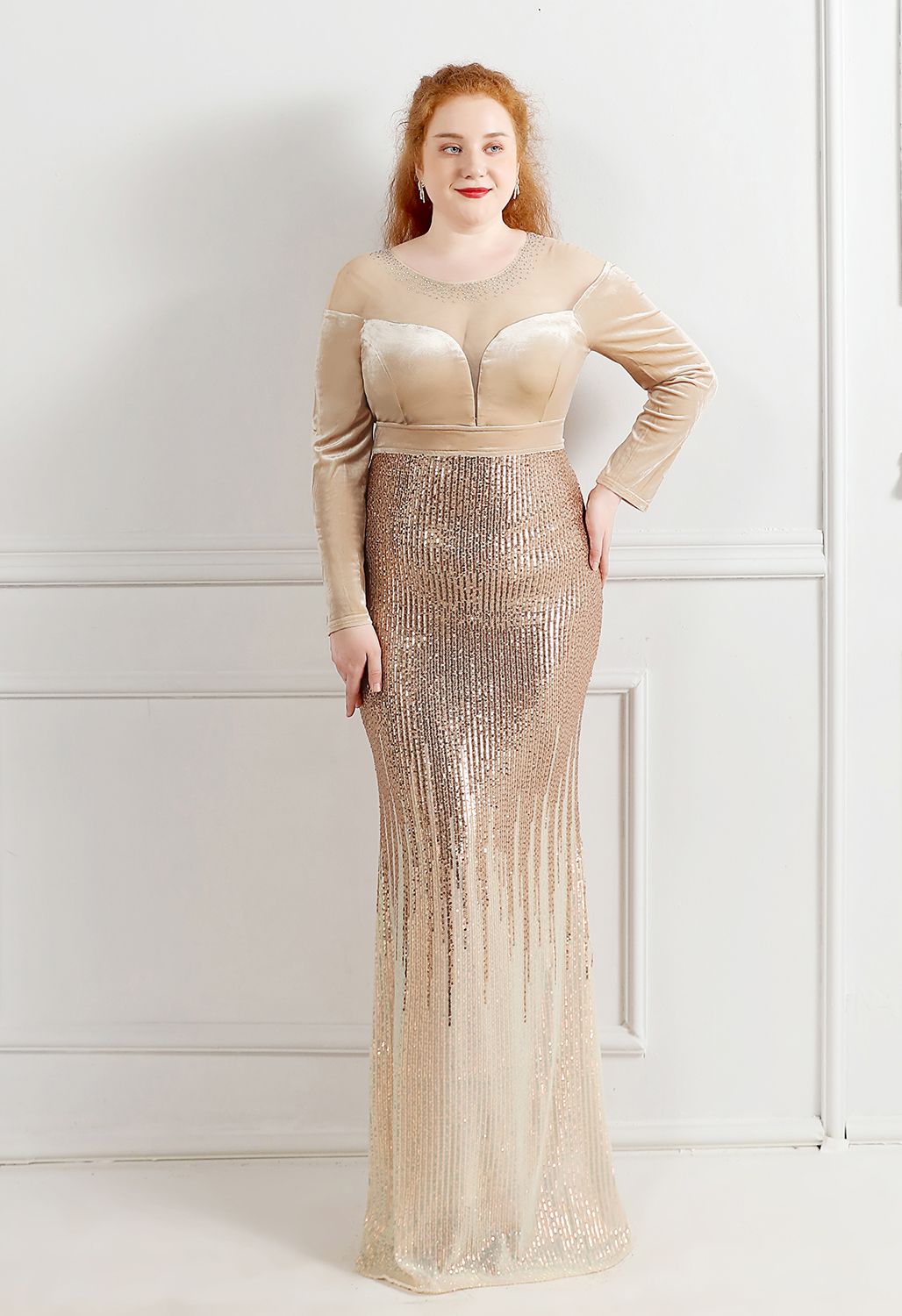 Ombre Sequins Velvet Spliced Gown in Champagne