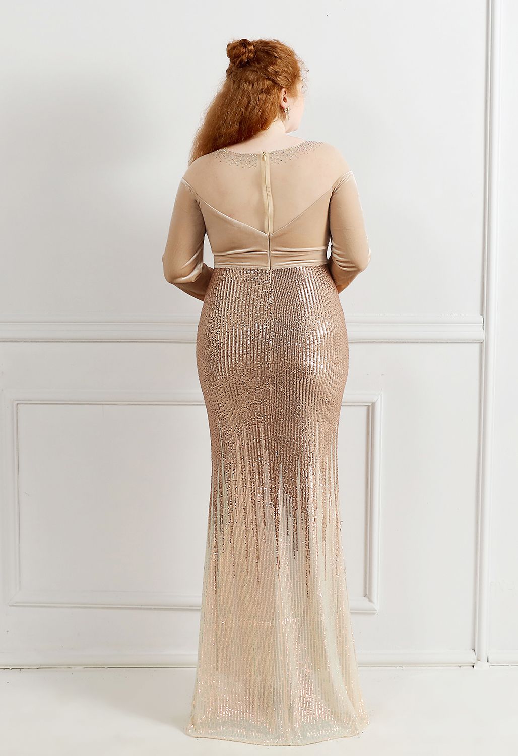 Ombre Sequins Velvet Spliced Gown in Champagne