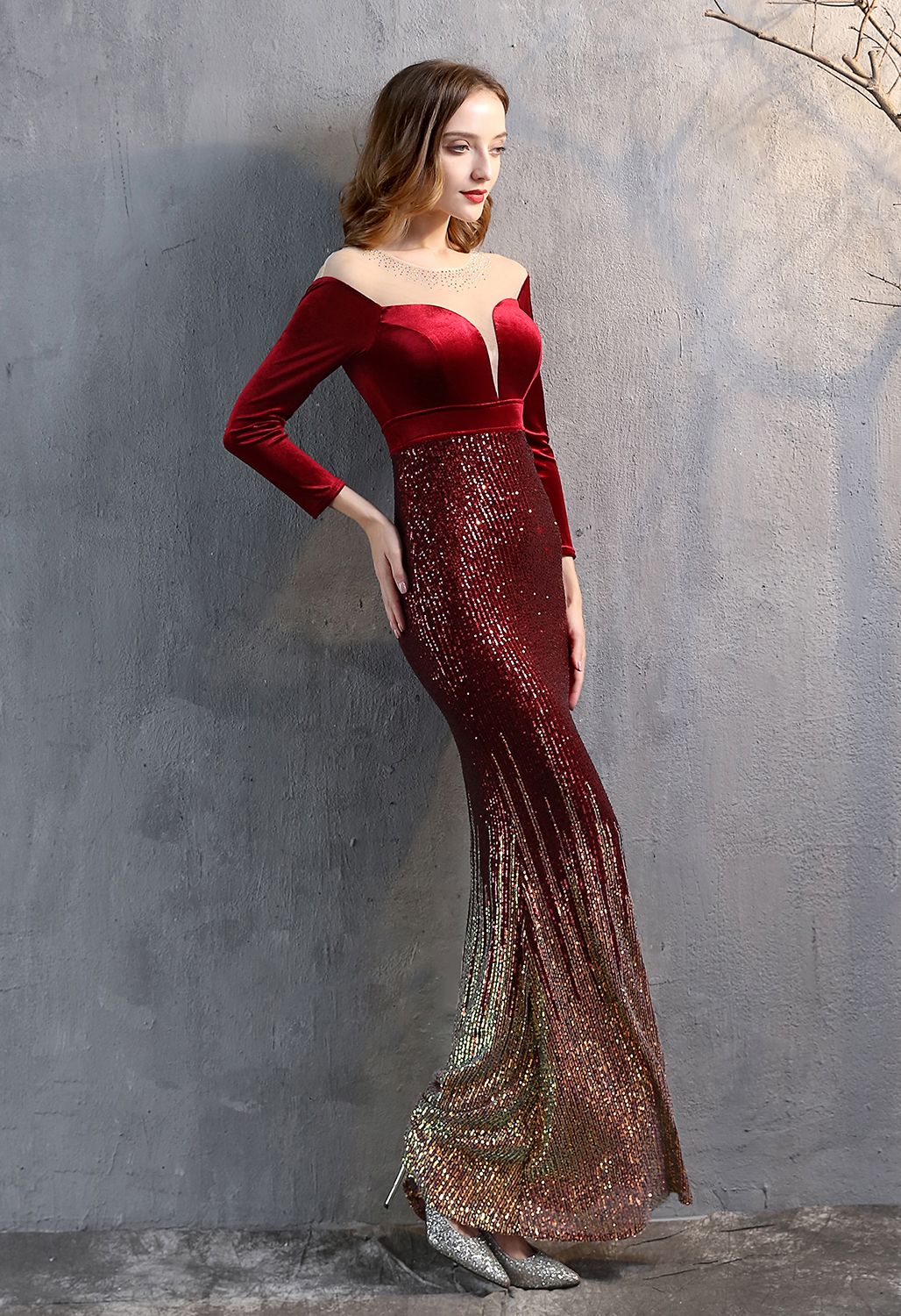 Ombre Sequins Velvet Spliced Gown in Burgundy