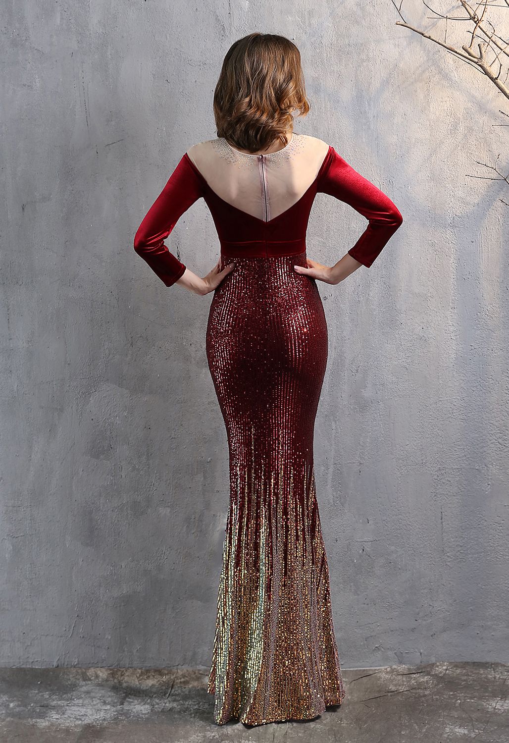 Ombre Sequins Velvet Spliced Gown in Burgundy