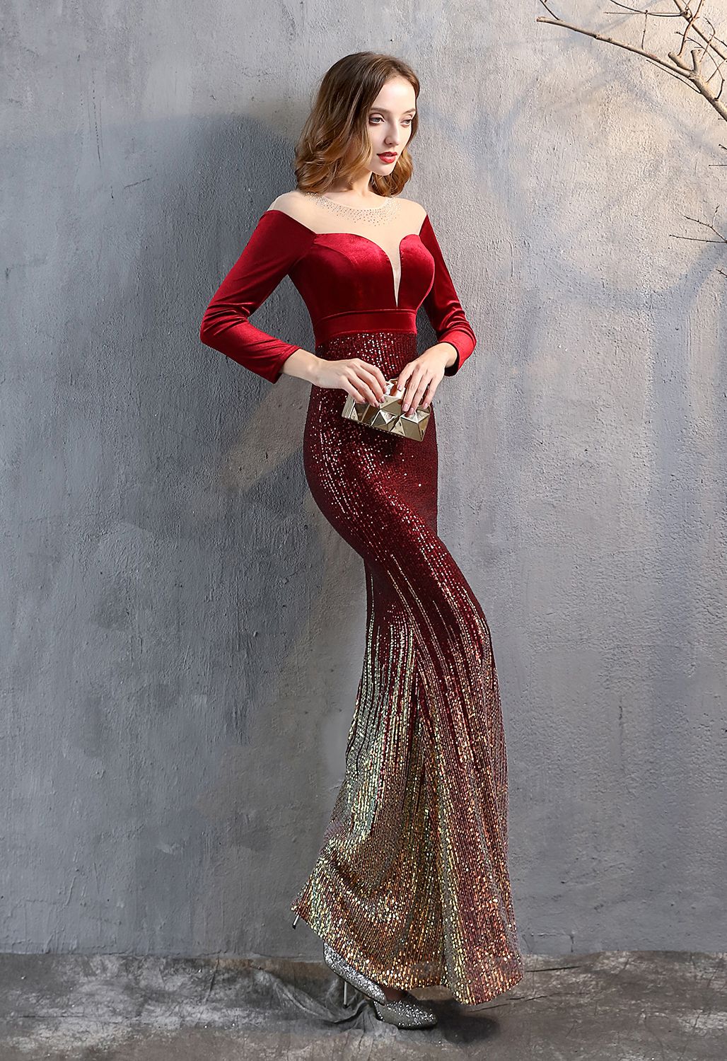 Ombre Sequins Velvet Spliced Gown in Burgundy