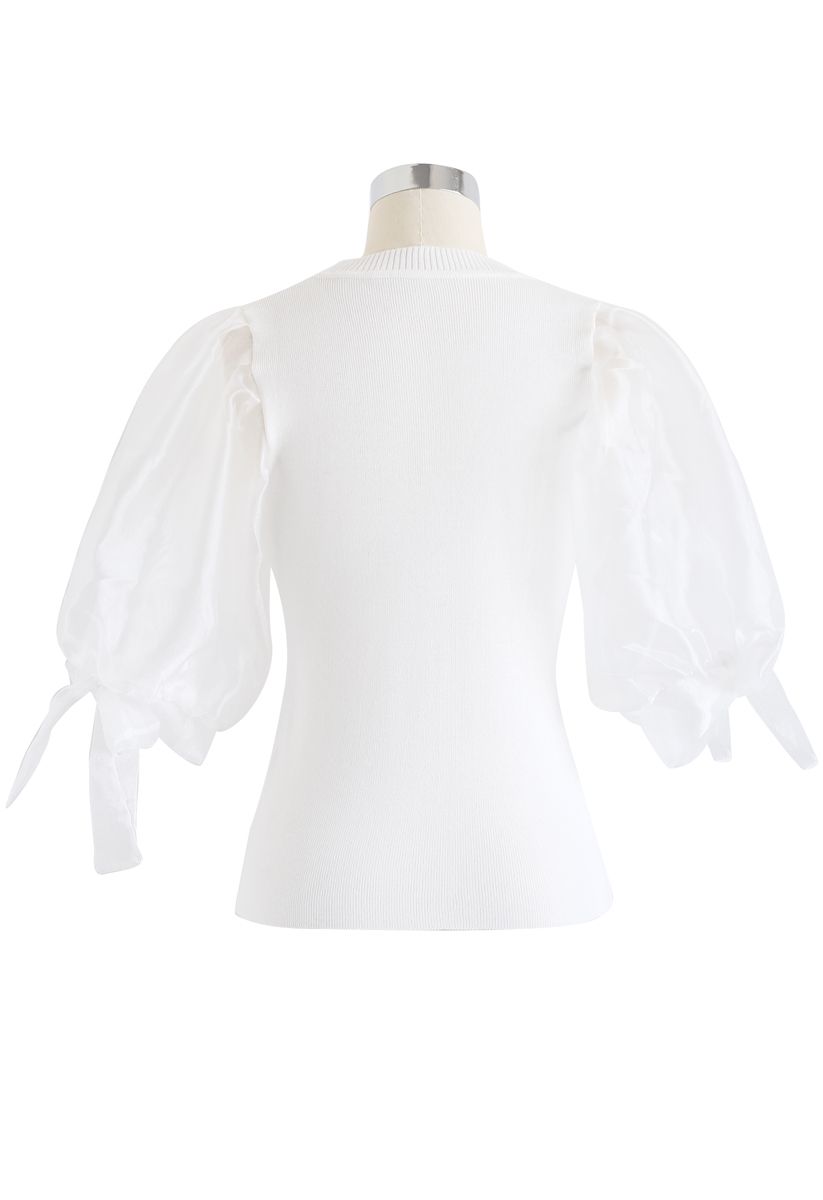 Organza Bubble Sleeves Knit Top in White