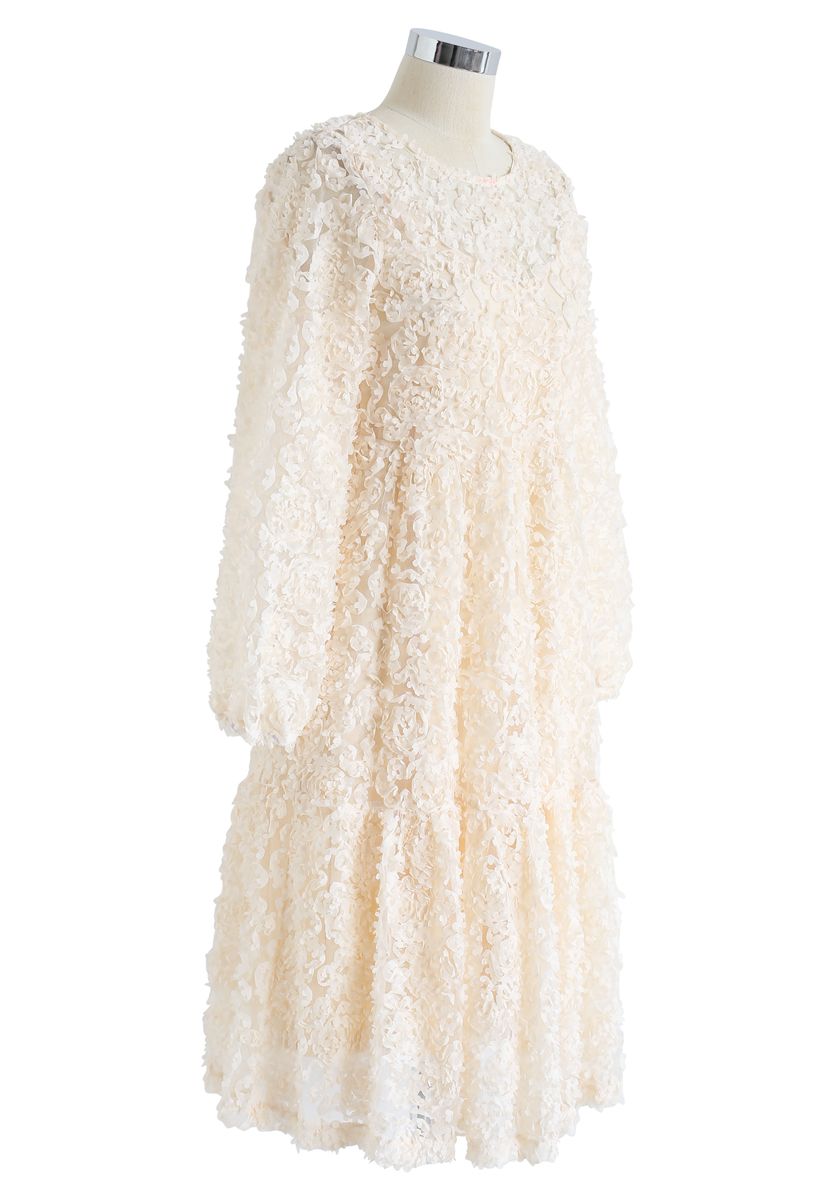 3D Petal Trim Mesh Midi Dress in Cream