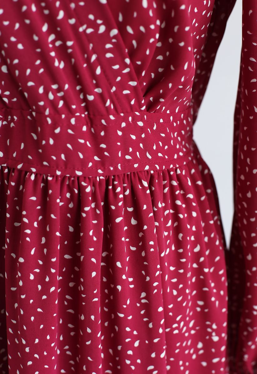 Spots Printed Ruffle Wrap Maxi Dress in Red