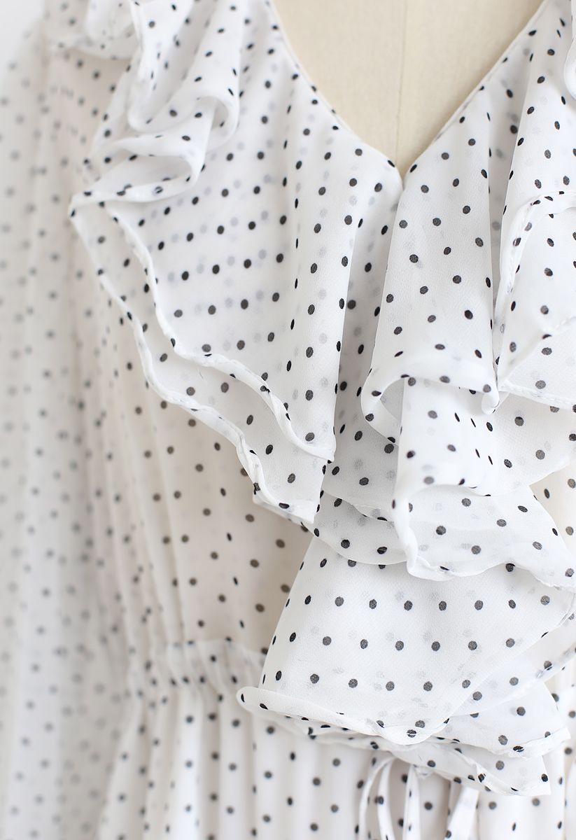 Dots Ruffle Trim Asymmetric Dress in White