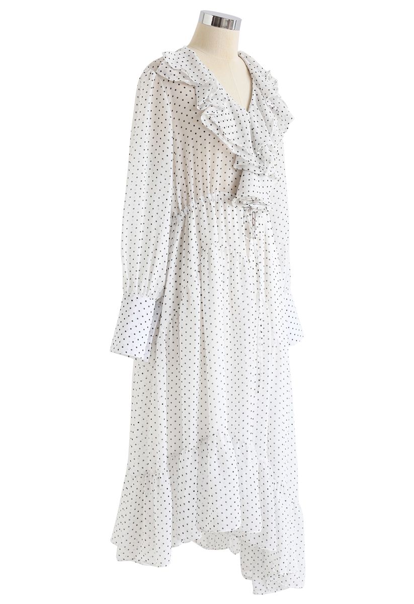 Dots Ruffle Trim Asymmetric Dress in White