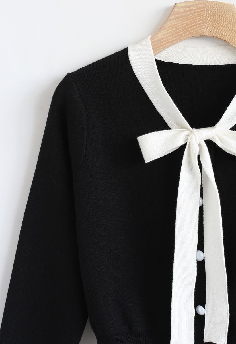 Button Down Bowknot Knit Sweater in Black