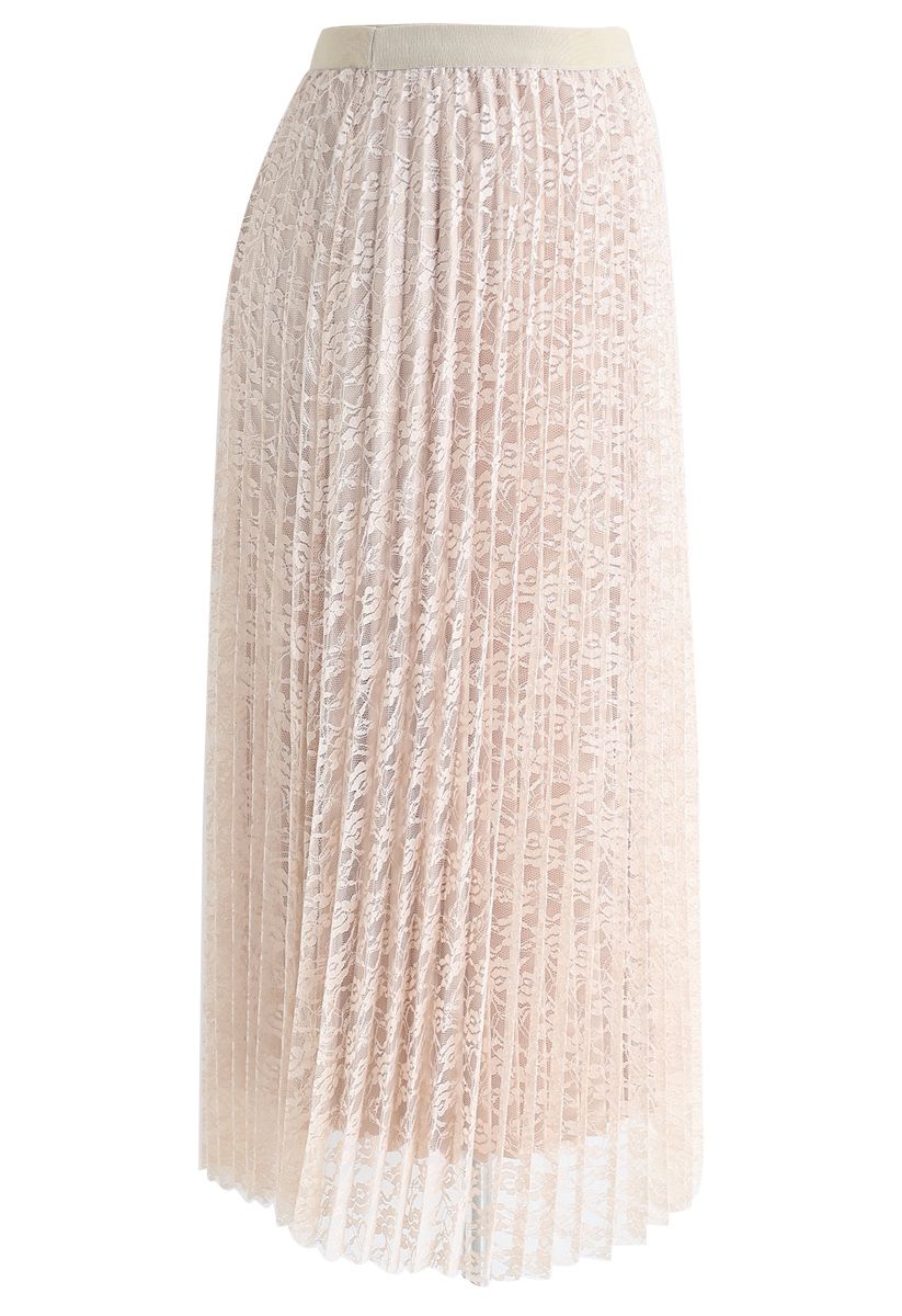 Reversible Floral Mesh Pleated Midi Skirt in Cream