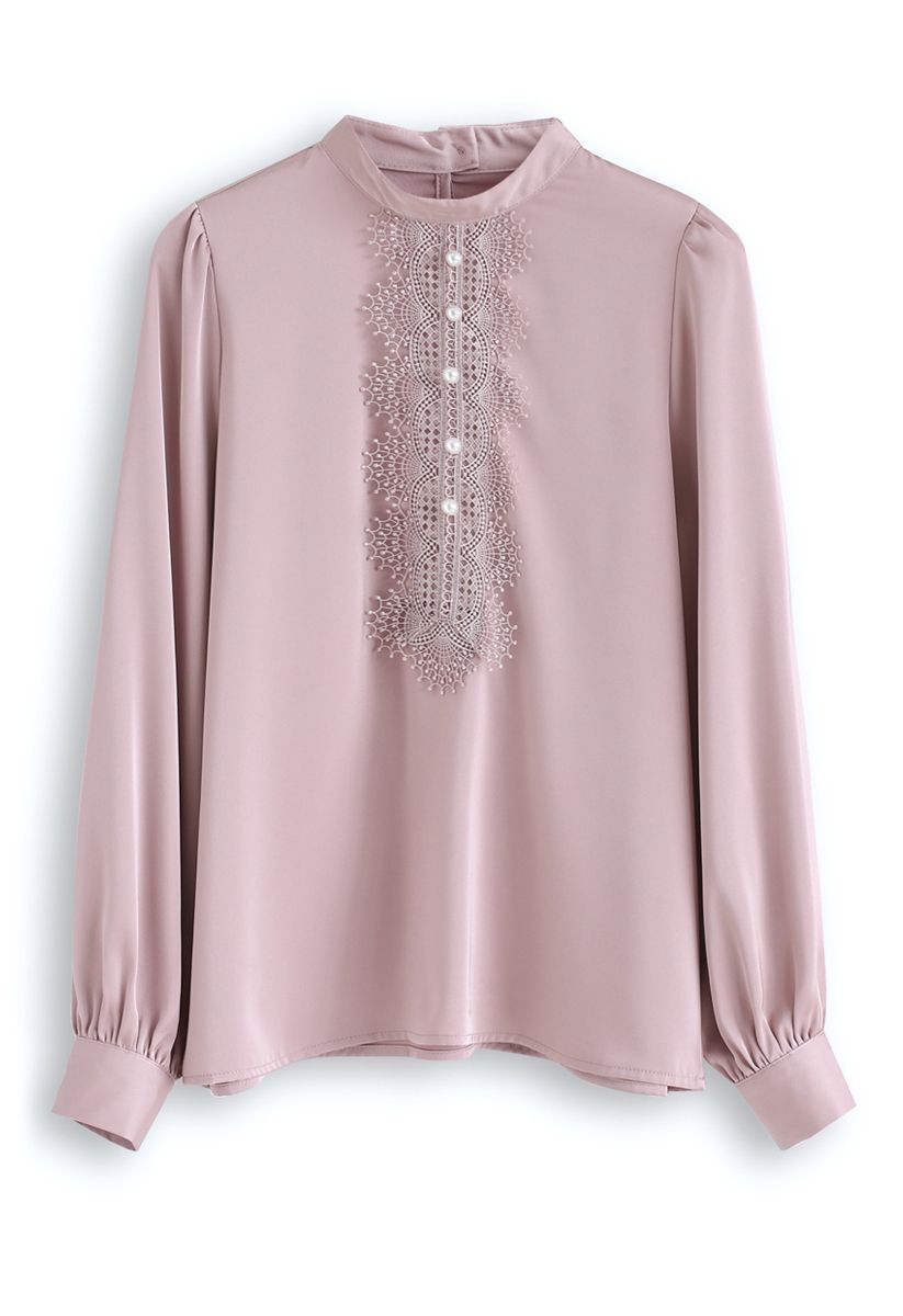 Pearls Embellished Lace Chiffon Top in Pink