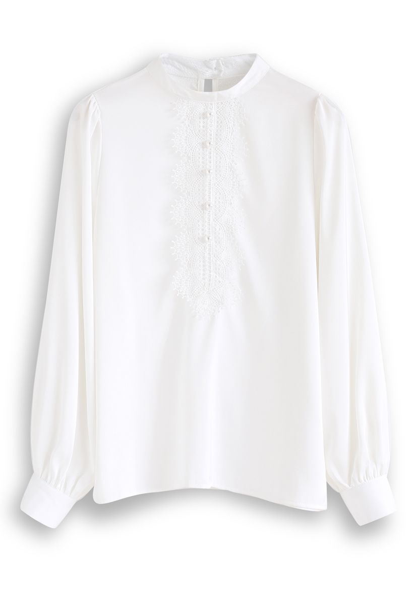 Pearls Embellished Lace Chiffon Top in White