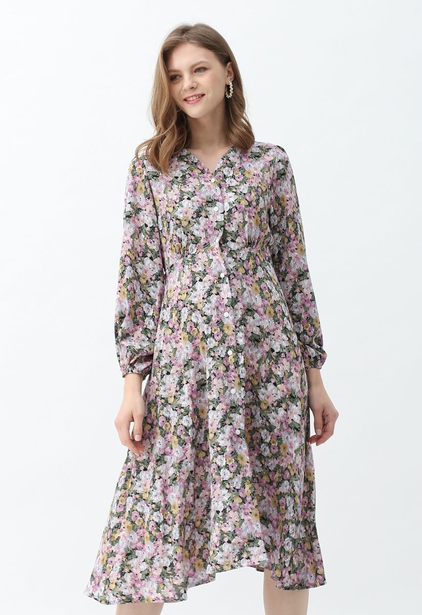 Daisy Print Button Down V-Neck Dress in Lilac