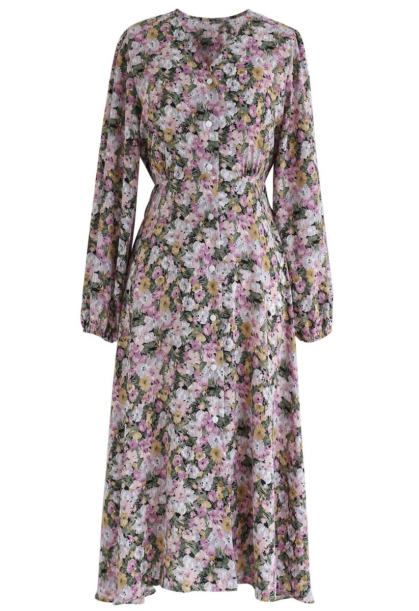 Daisy Print Button Down V-Neck Dress in Lilac