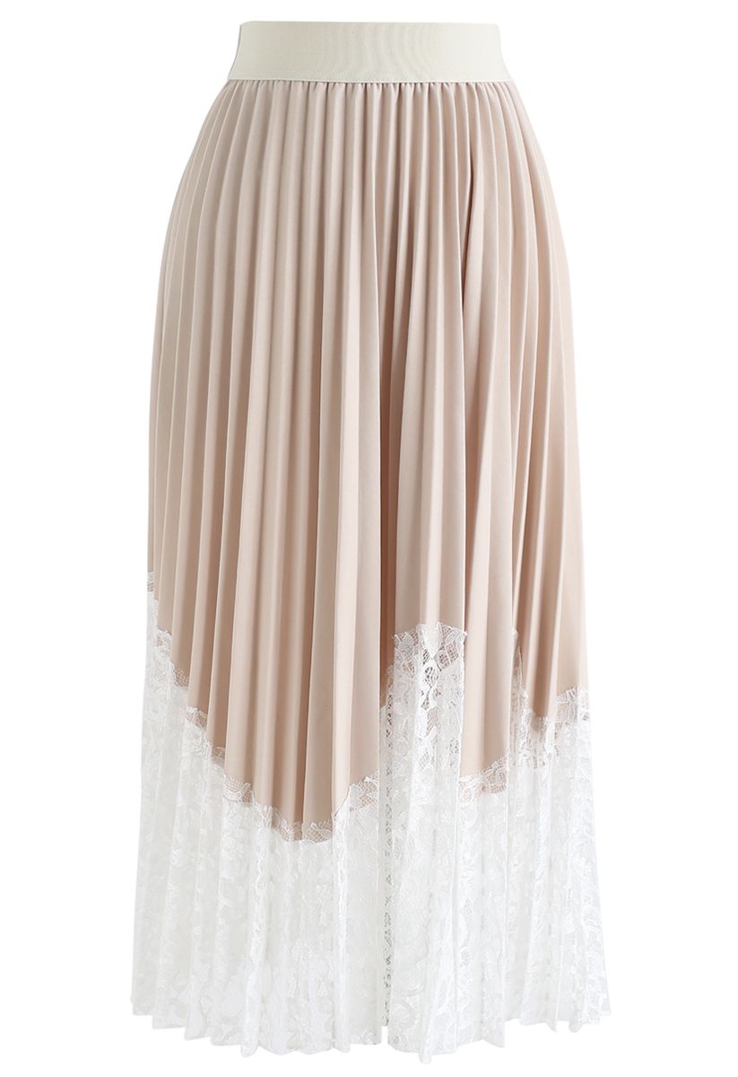 Lightsome Lace Hem Pleated Midi Skirt in Cream