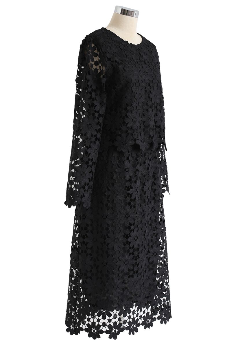 Full Sunflower Crochet Top and Skirt Set in Black