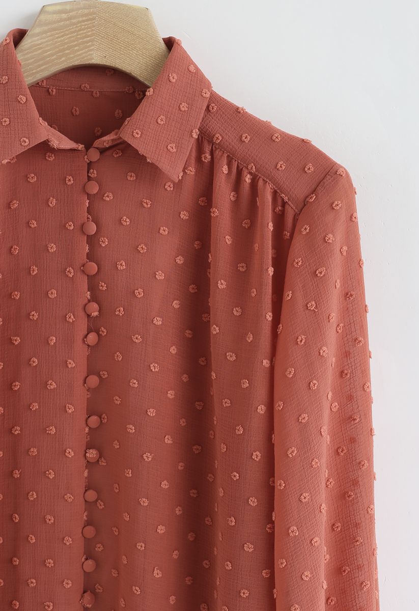 Flock Dots Button Front Hi-Lo Shirt in Coral