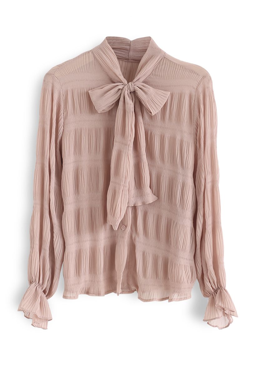Shirred Bowknot Neck Sleeves Shirt in Coral