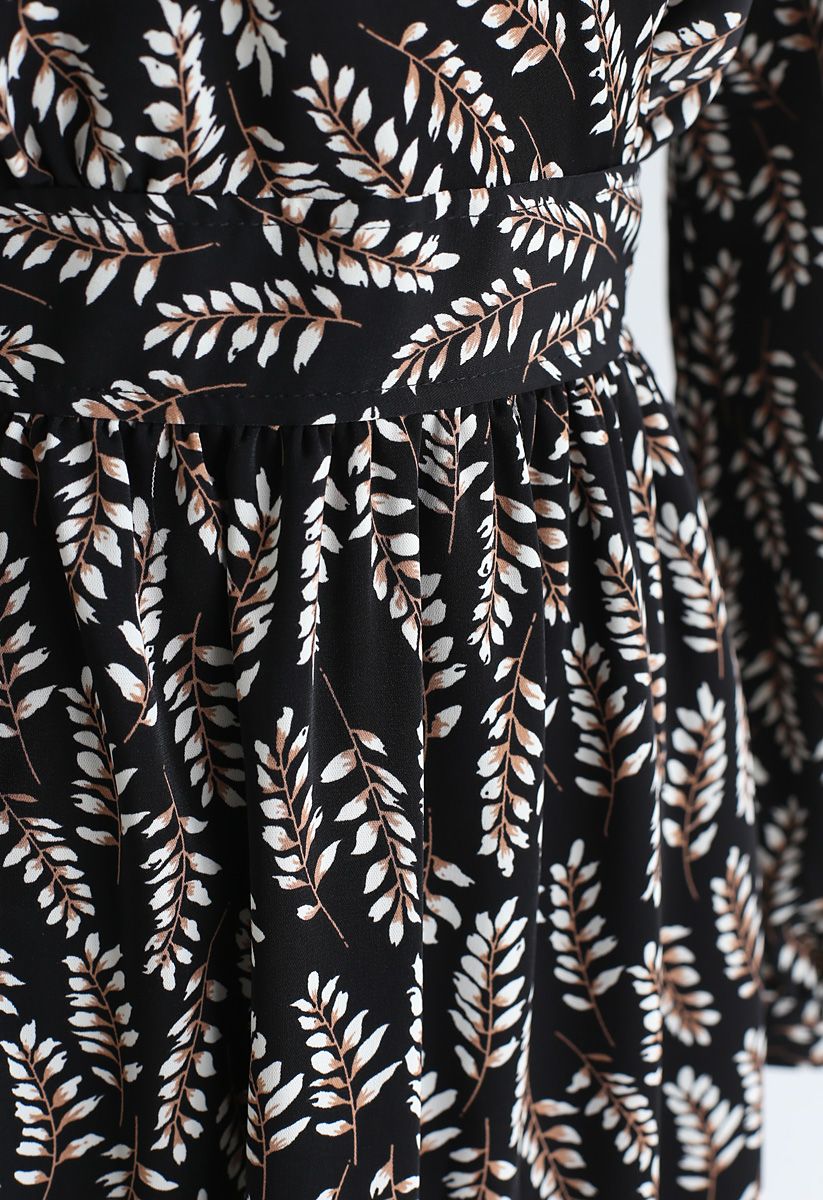 Summer Leaf Print Wrap Maxi Dress in Black