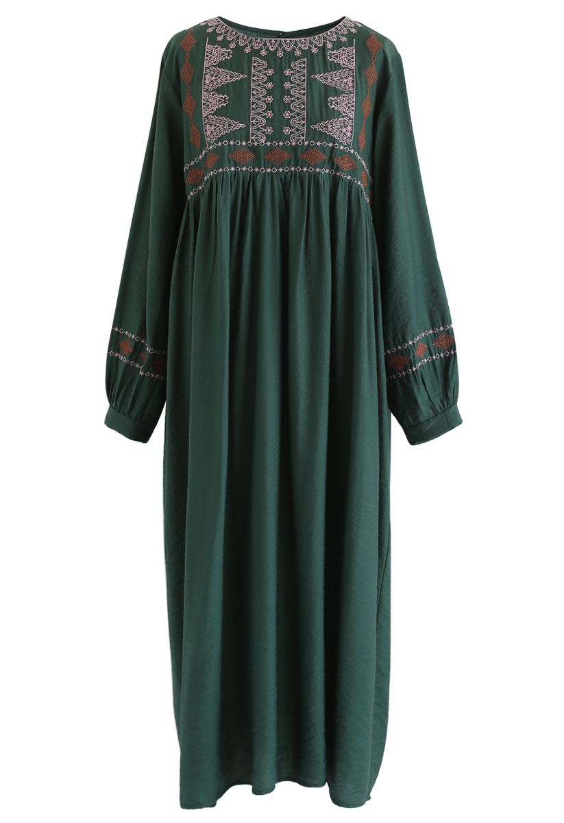 Embroidered Sleeves Boho Midi Dress in Green