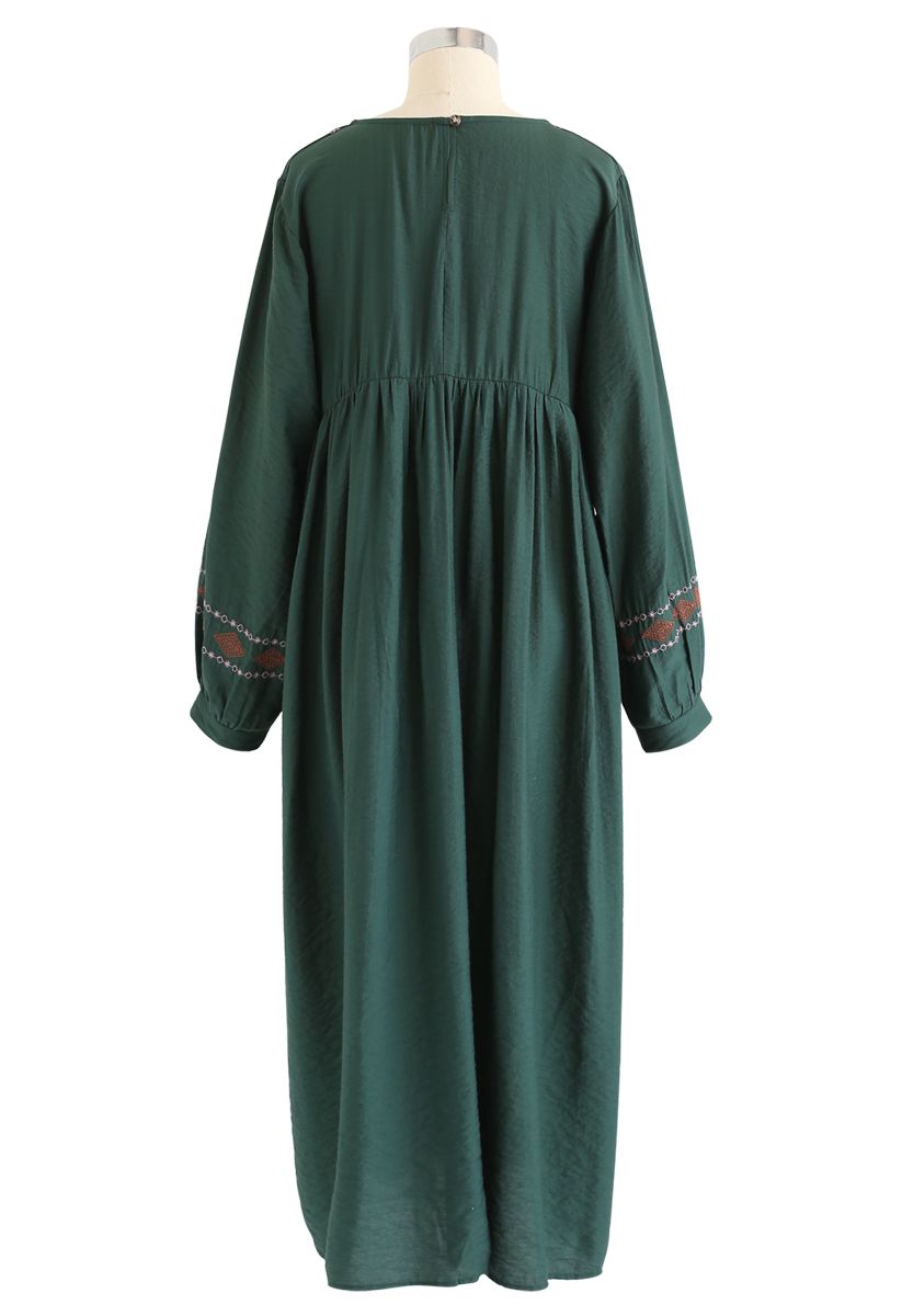 Embroidered Sleeves Boho Midi Dress in Green