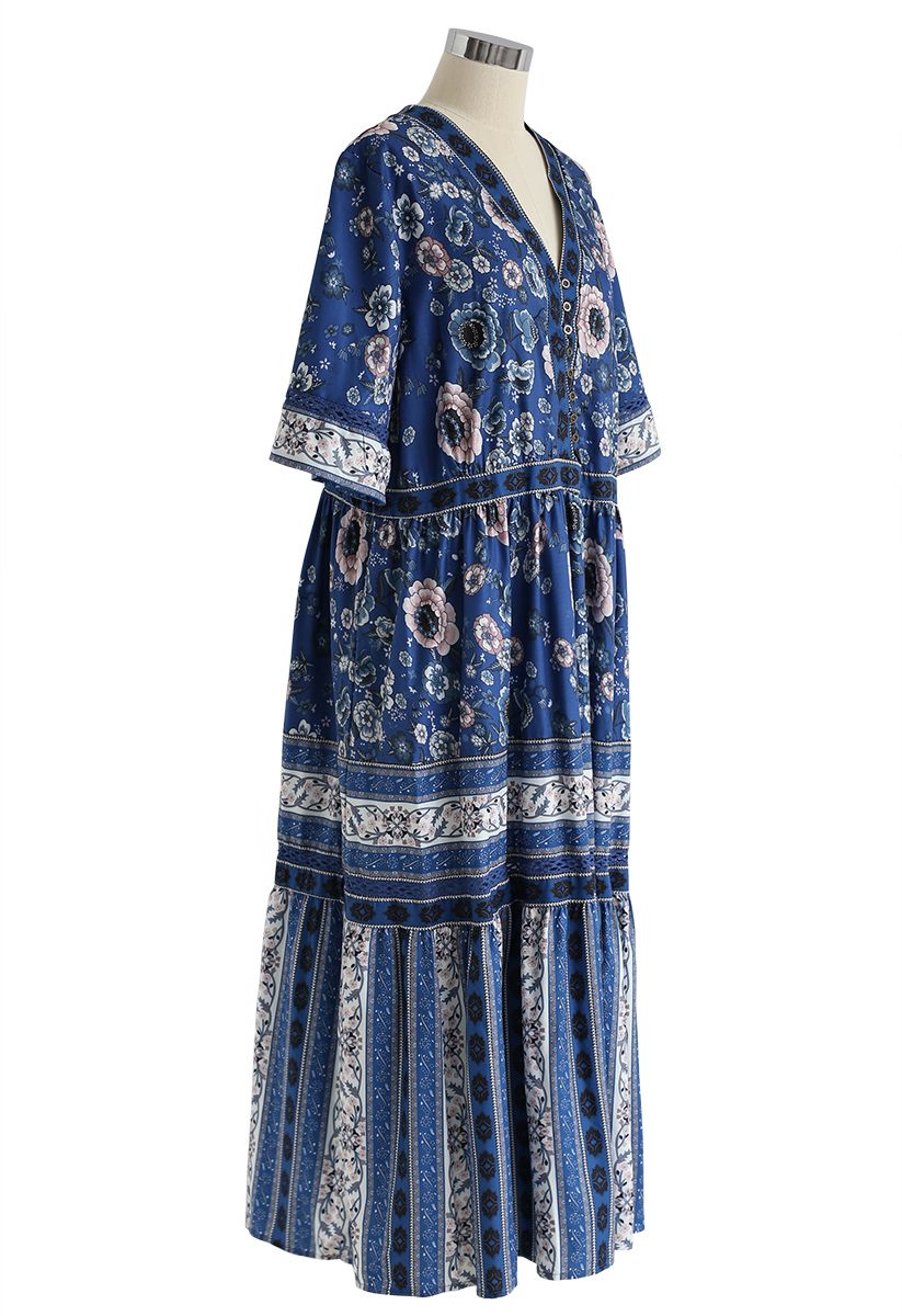 Boho Blossom Buttoned Maxi Dress in Blue