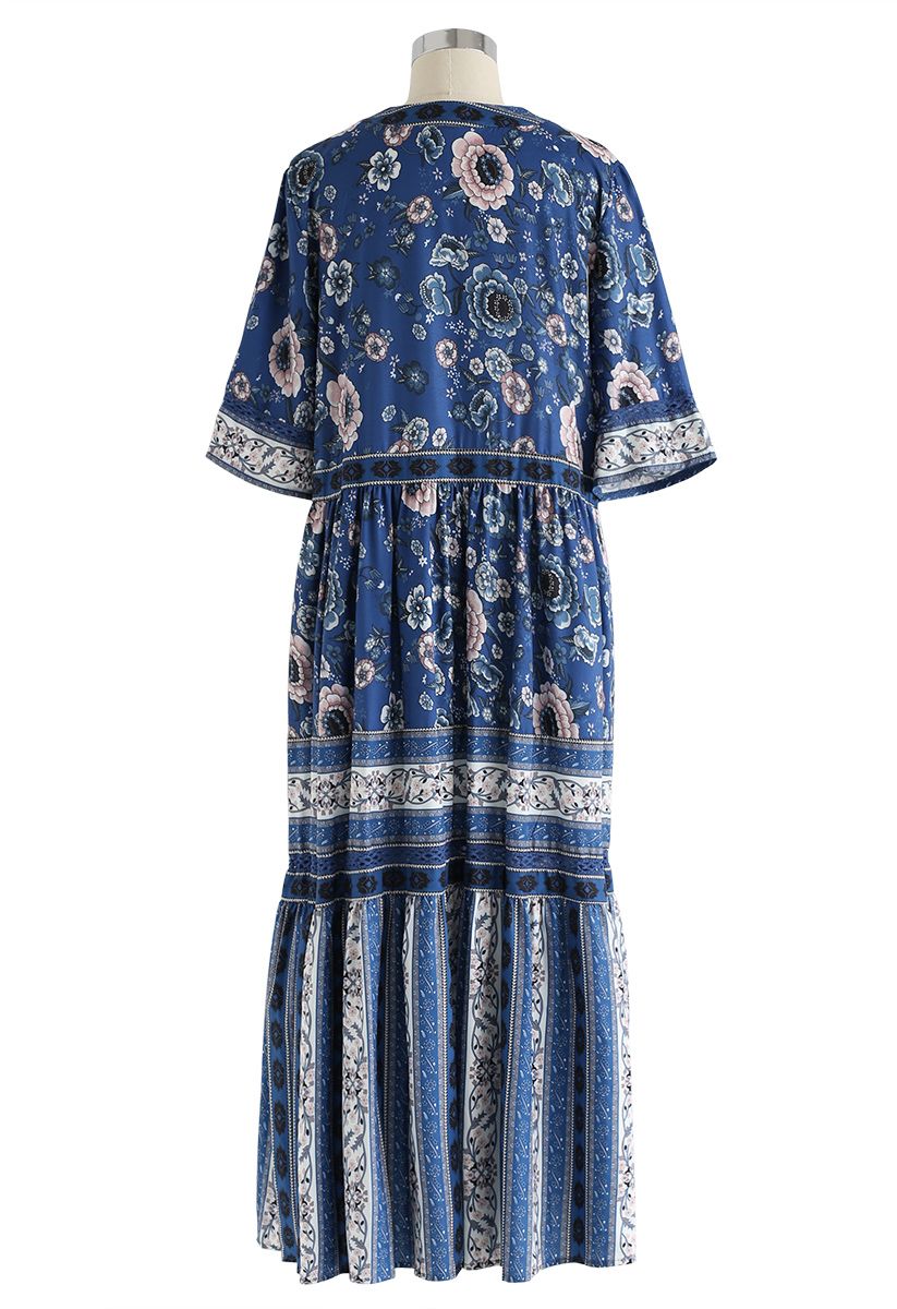 Boho Blossom Buttoned Maxi Dress in Blue