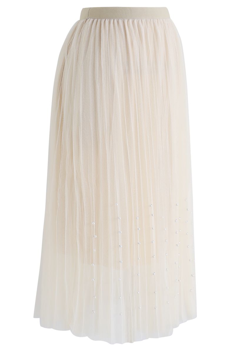 Pleated Double-Layered Mesh Tulle Pearls Skirt in Cream