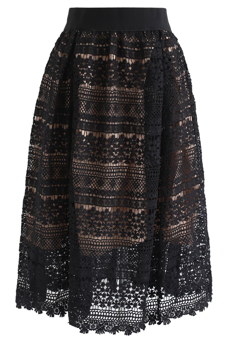 Floral Crochet Midi Skirt in Black