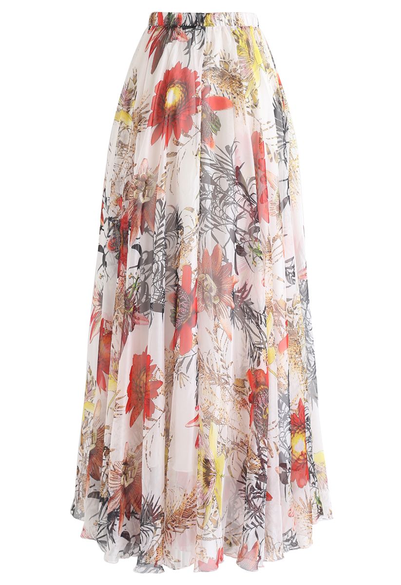 Red Floral Blossom Maxi Skirt 