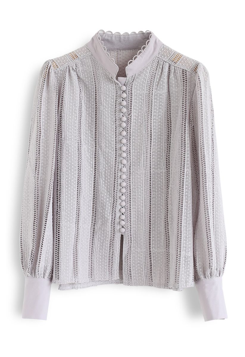 Crochet Eyelet Button Down Top in Lilac