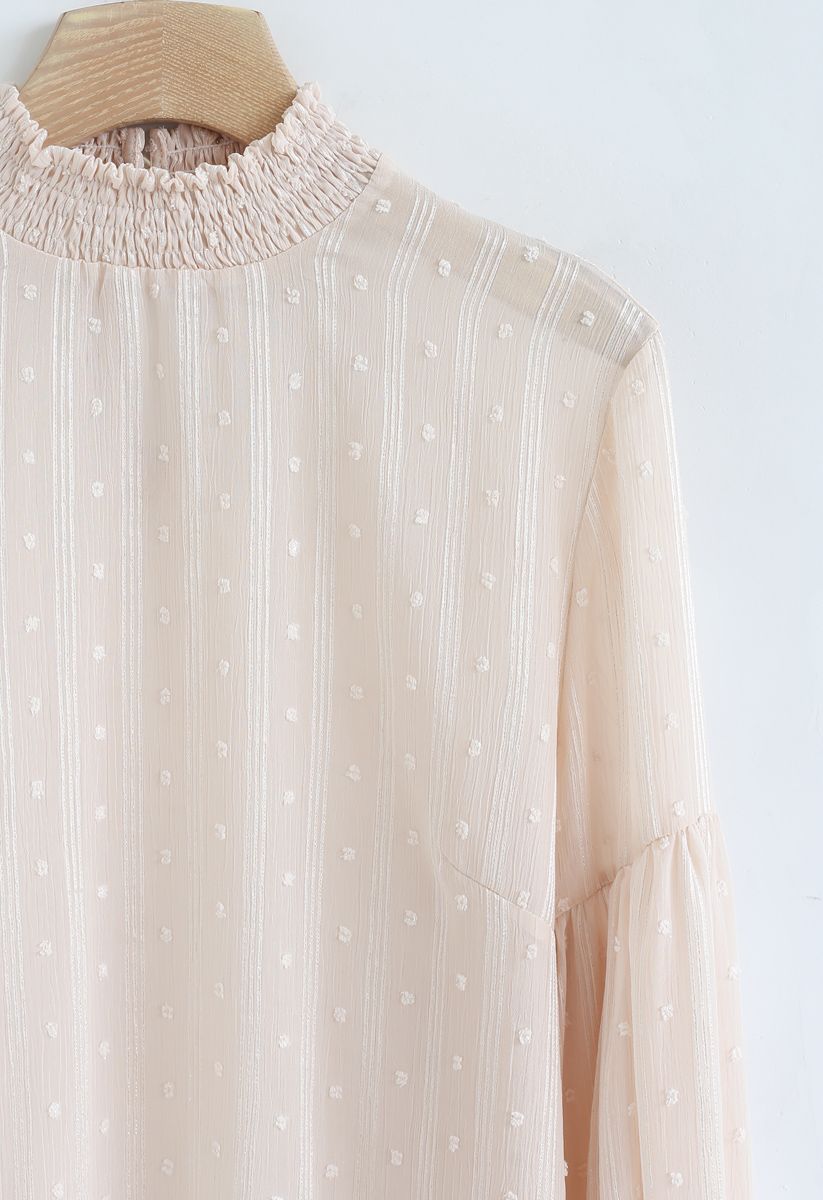 Flock Dots Puff Sleeves Shirred Top in Cream