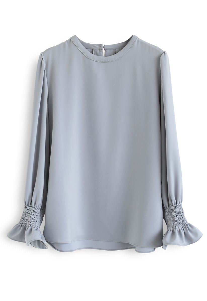 Round Neck Satin Smock Top in Dusty Blue