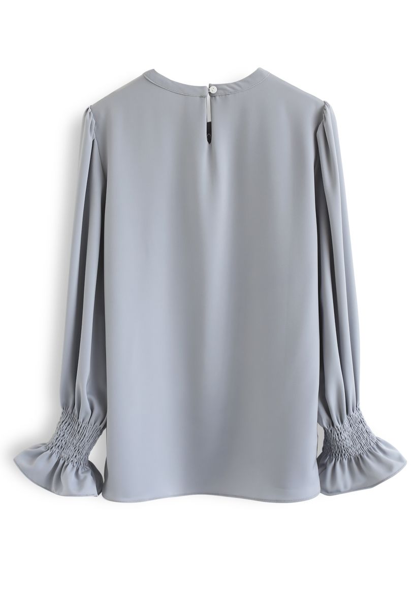 Round Neck Satin Smock Top in Dusty Blue