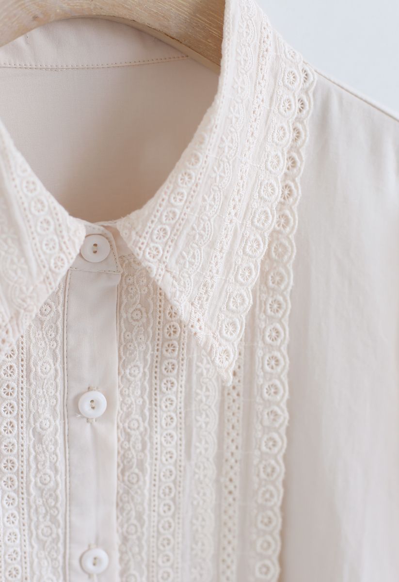 Button Down Crochet Trim Shirt in Cream