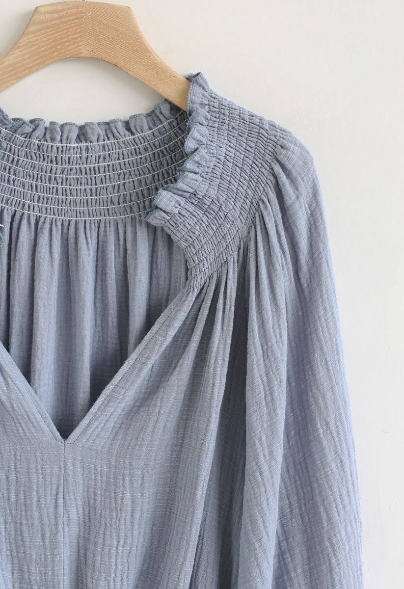 Deep V-Neck Shirred Top in Dusty Blue