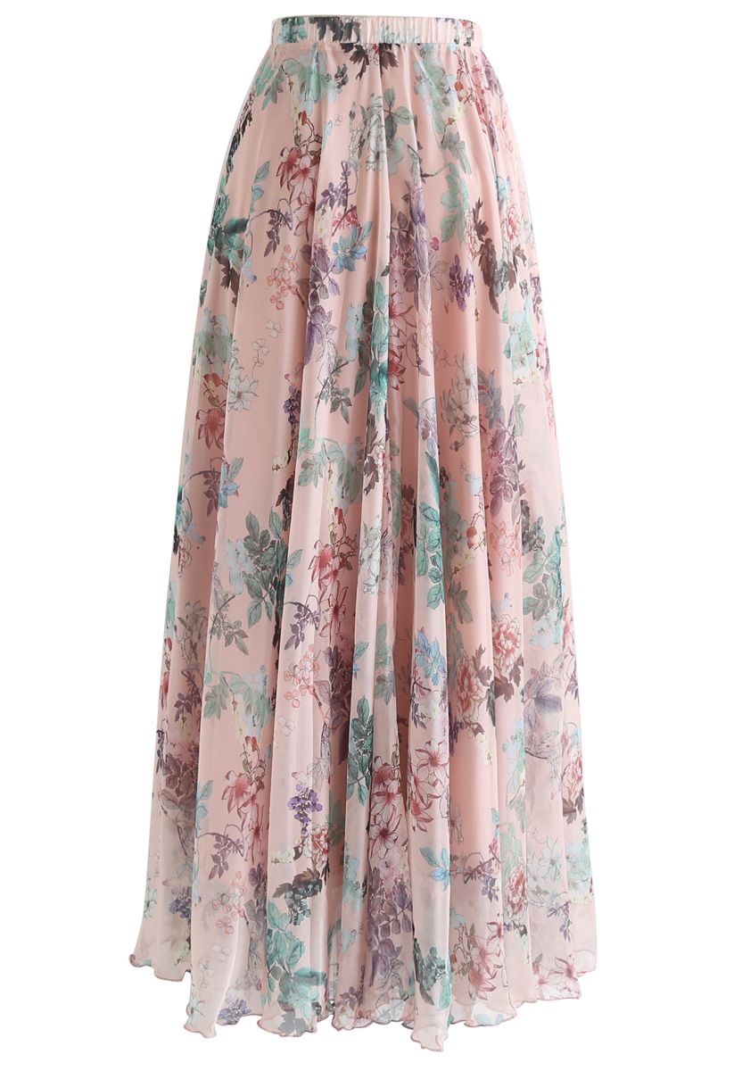 Pinky Blossom Watercolor Maxi Skirt