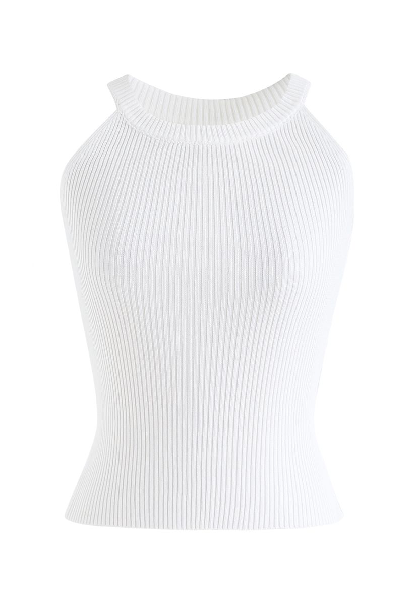 Fitted Ribbed Knit Halter Tank Top in White