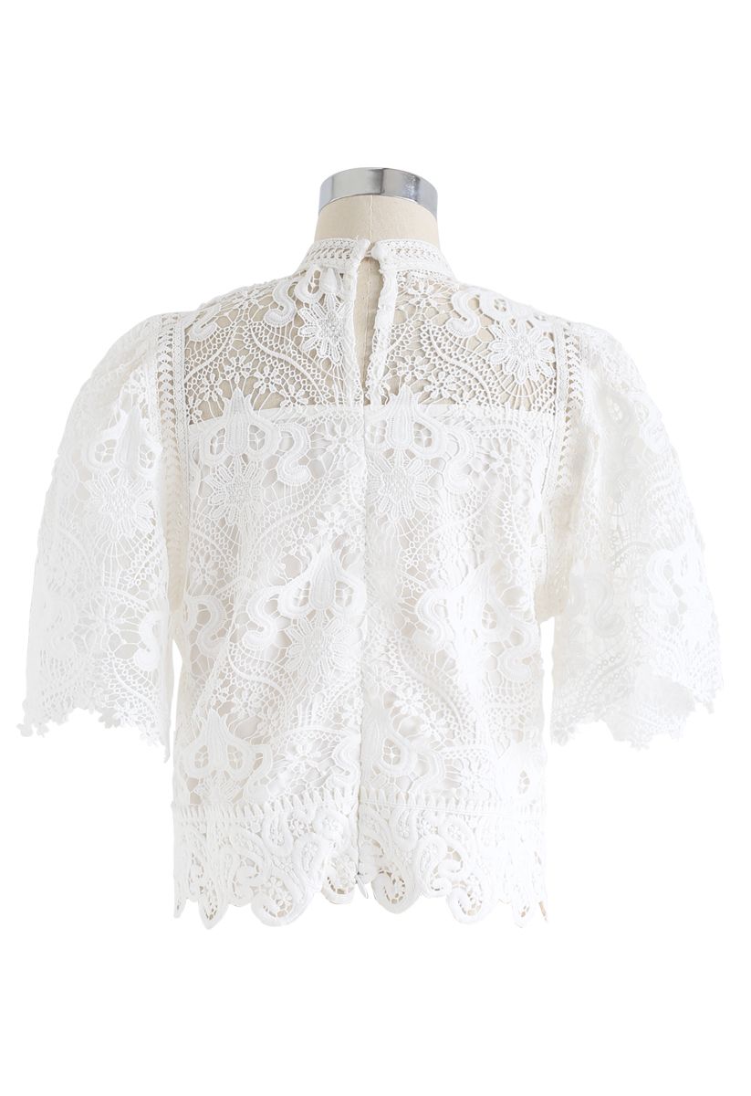 Crochet Bell Sleeves Cropped Top in White