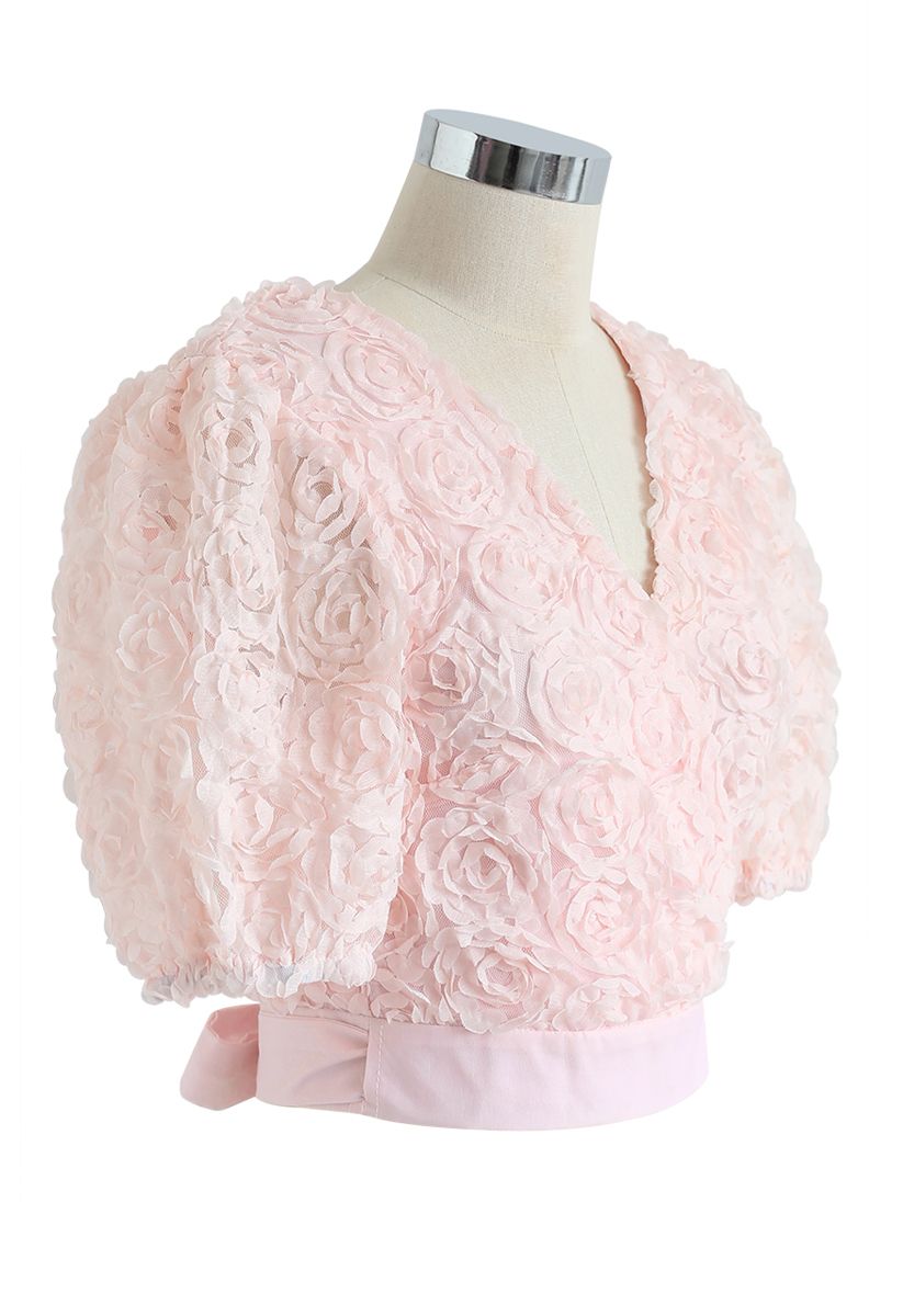 3D Roses Wrapped Crop Top in Nude Pink