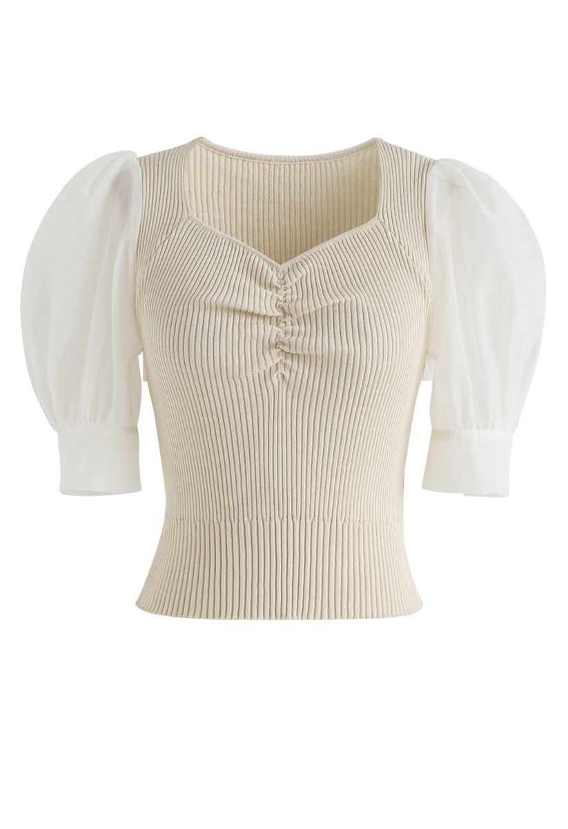 Ruched Bubble Sleeves Cropped Knit Top in Sand