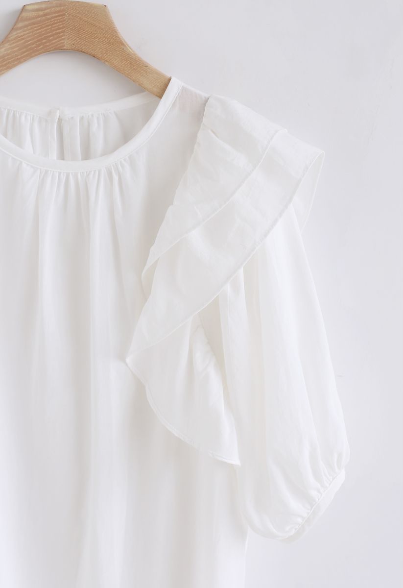 Bubble Sleeves Ruffle Top in White