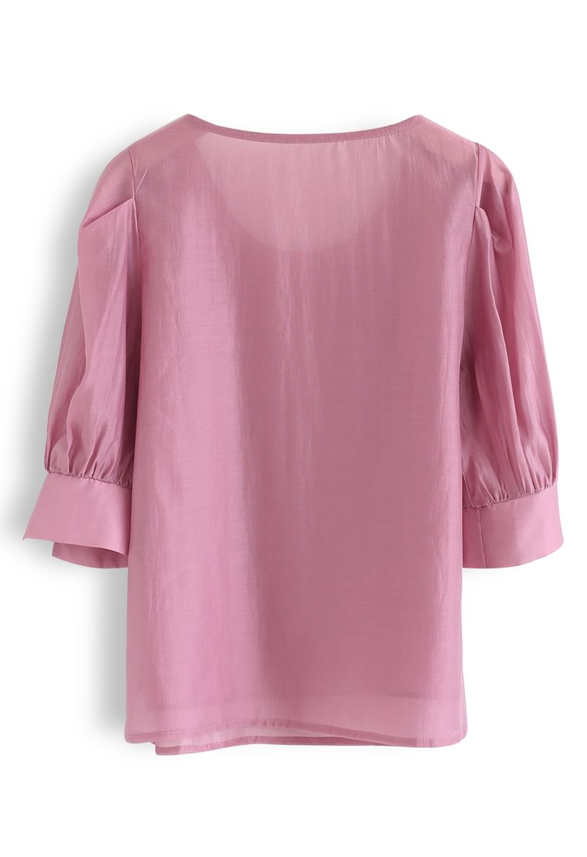 Faux Pearl Decorated Smock Top in Hot Pink