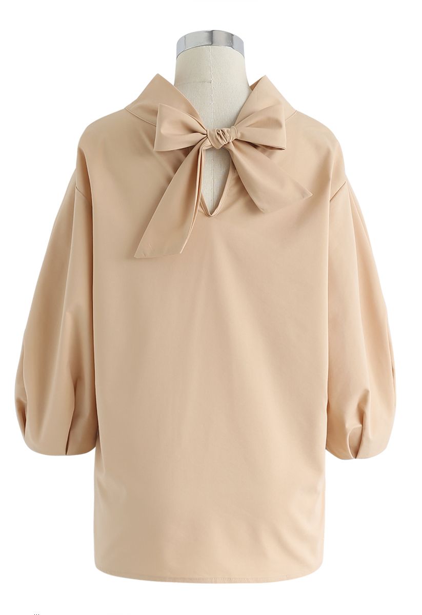 Bow-Neck Puff Sleeves Smock Top in Tan