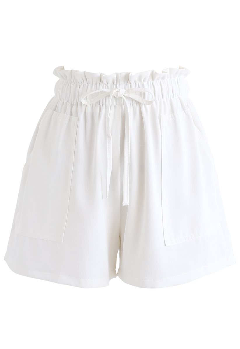 PaperBag-Waist Pockets Shorts in White