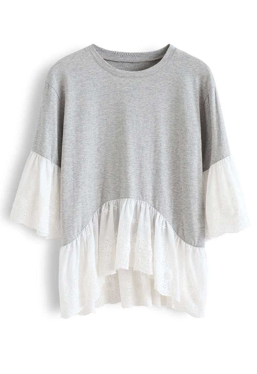 Sunflower Eyelet Embroidered Dolly Top in Grey
