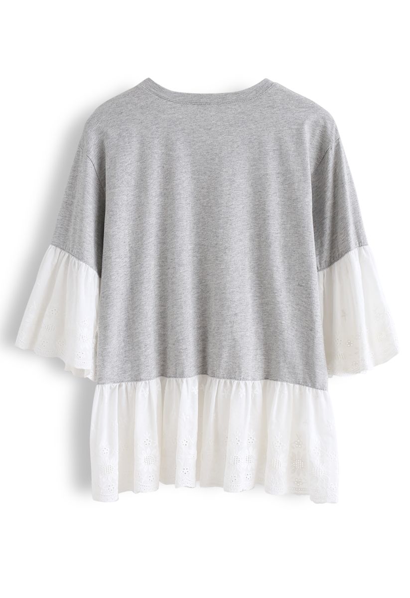 Sunflower Eyelet Embroidered Dolly Top in Grey