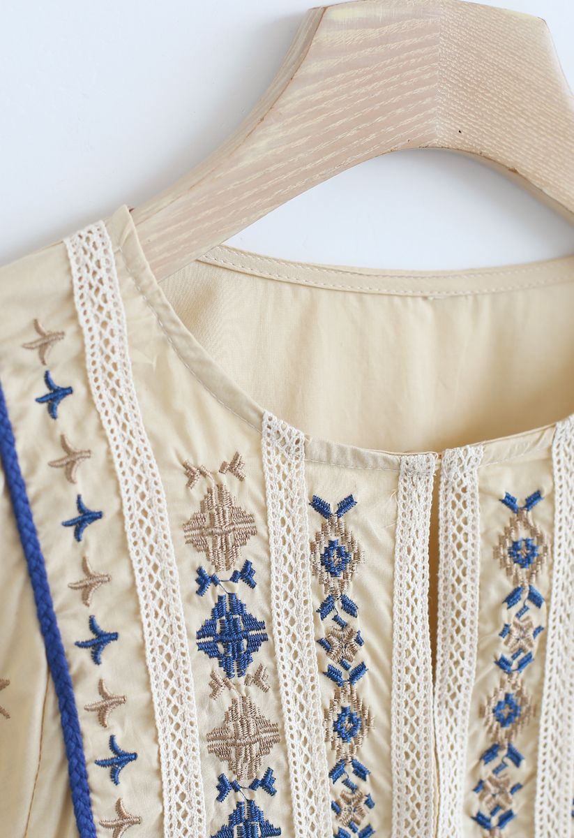 Embroidered Hi-Lo Boho Dolly Top in Light Tan
