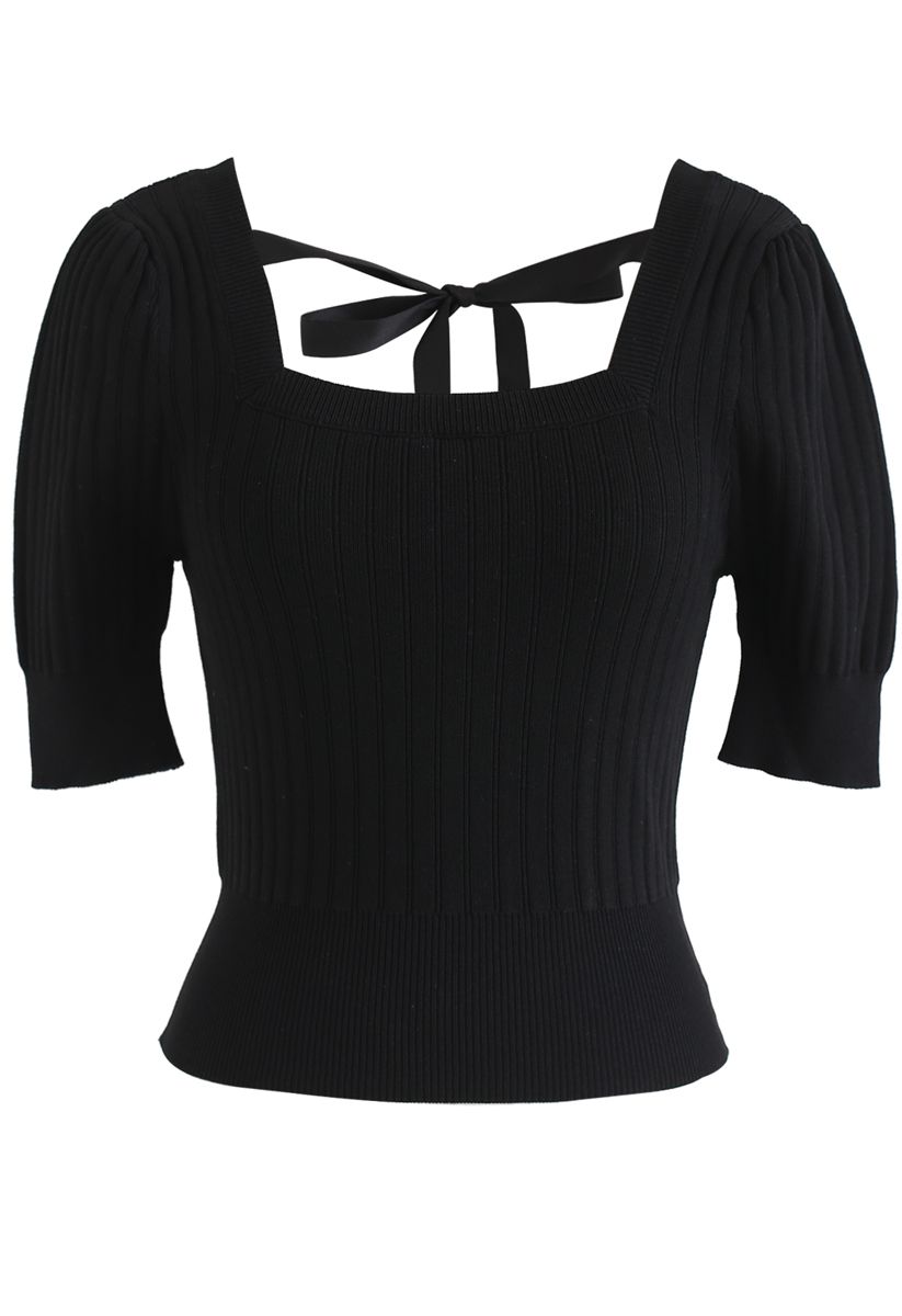 Square Neck Knot Tie Crop Knit Top in Black