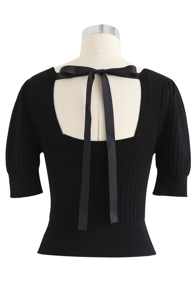 Square Neck Knot Tie Crop Knit Top in Black