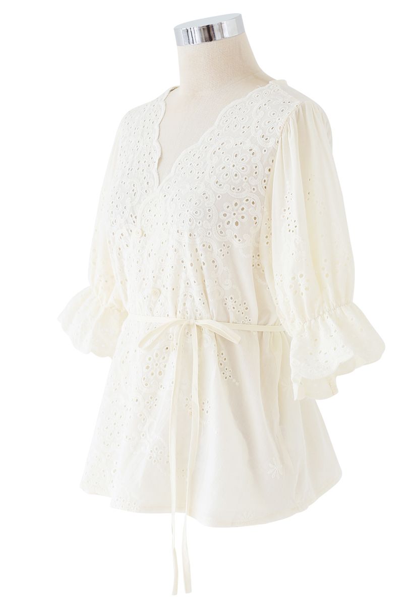 Buttoned Surplice Neck Embroidered Eyelet Top - Retro, Indie and Unique ...